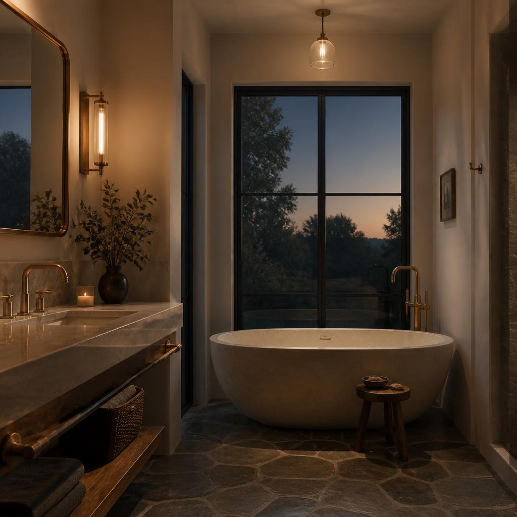 Bathroom interior in dusk light with stone floor and brass fittings